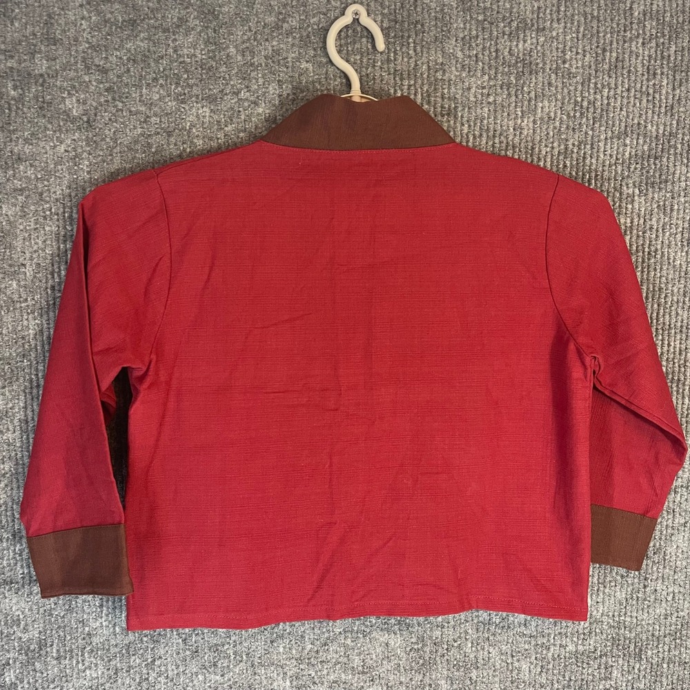 Traditional Thai Elephant Cropped Jacket Red Silk Coin Button Open Front Boho - Picture 6 of 7